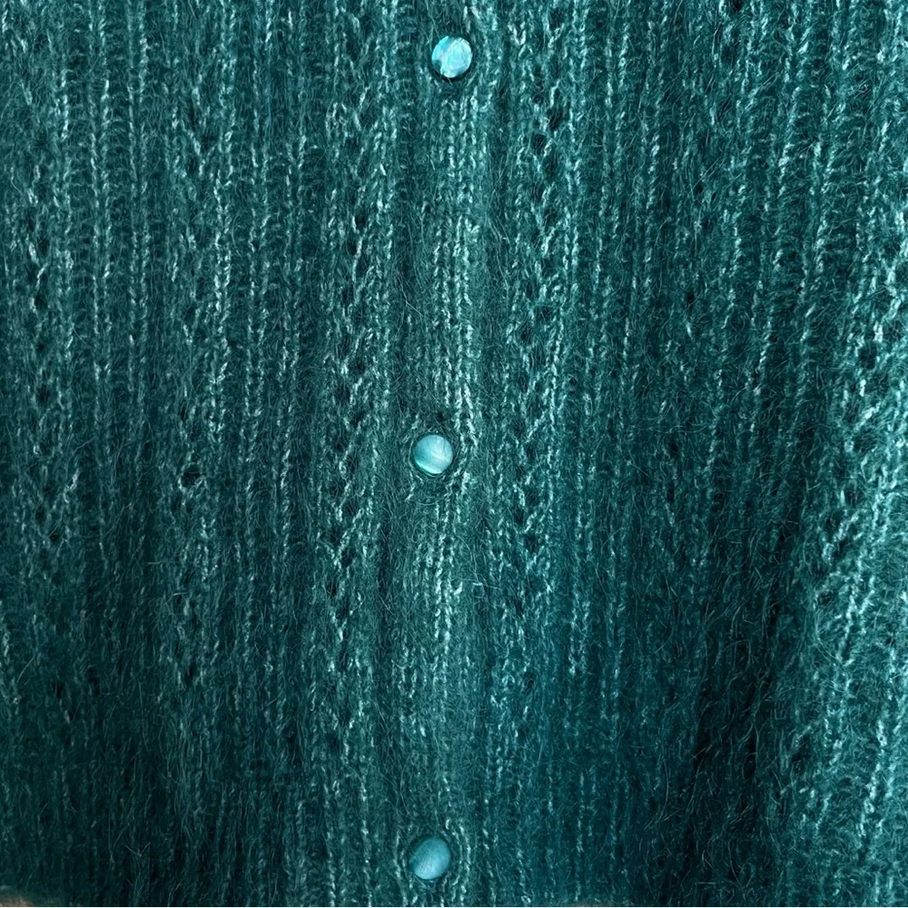SEZANE Emerald Teal Green Mohair Wool Balloon Sleeve Alyssa Cardigan Sweater - Picture 10 of 13